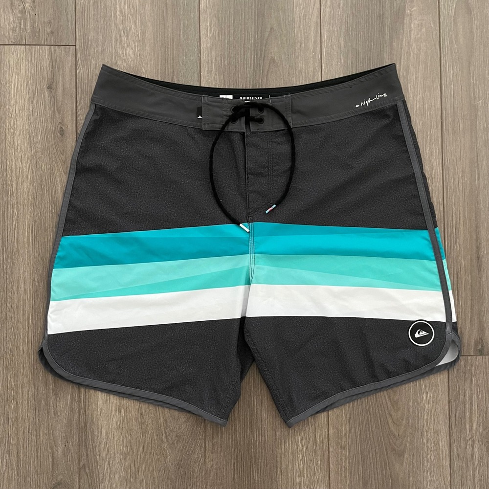 Quiksilver Highline Board Shorts Mens 36 Gray Teal Striped Swim Trunks Pocket